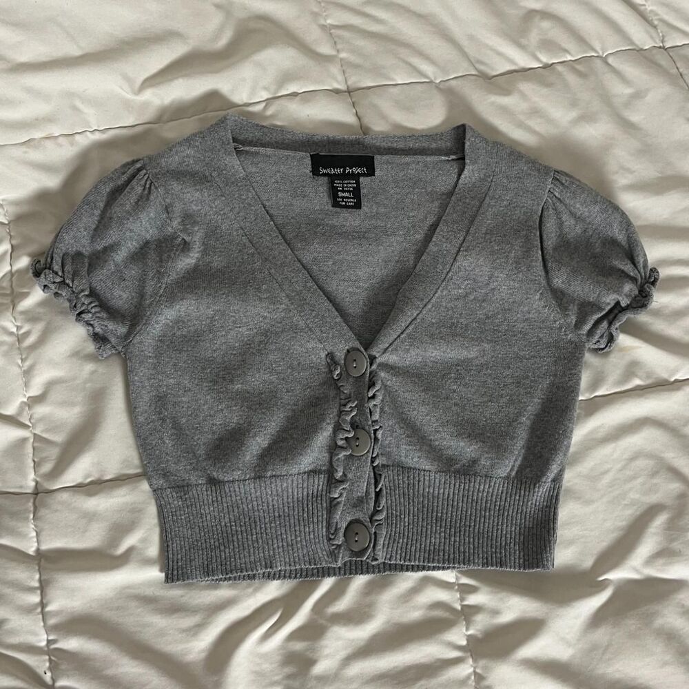 Y2K Vintage Gray Cropped Cardigan Sweater Puff Sleeves from Sweater Project